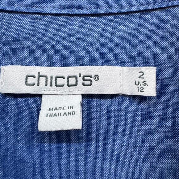 Chicos Top Womens 2 US12 Blue Linen Chambray Button Front 3/4 Sleeves Casual - Picture 2 of 12